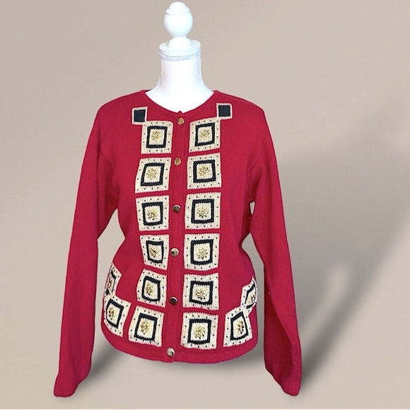Vintage Red Knit Cardigan Geometric Squares Gold Button Front Retro Sweater M - Picture 2 of 10